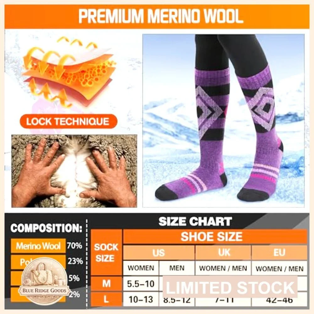 Merino Wool Ski Socks Thermal Winter Warm Thick Knee High Unisex